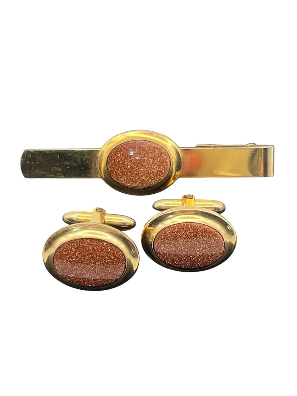 Goldstone copper sparkle stone oval cabochon cufflinks & tie clip vintage set